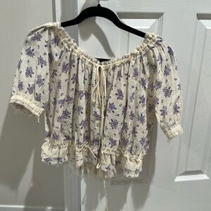 Olivaceous Top Womens Small Floral Puff Sleeve Boho